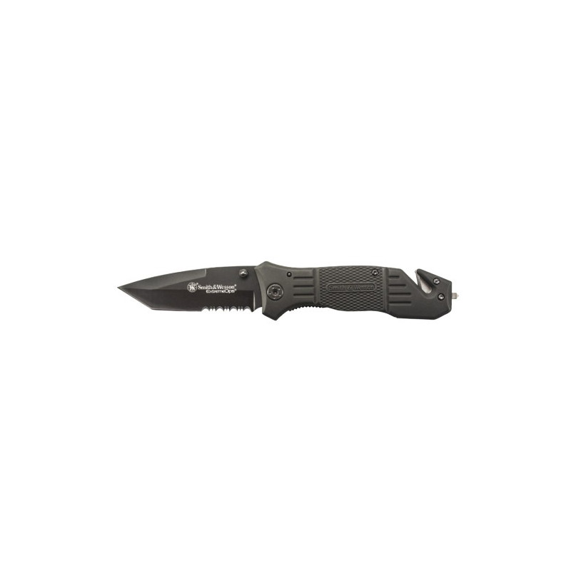 Navaja Smith & Wesson negra con hoja semi dentada en blister